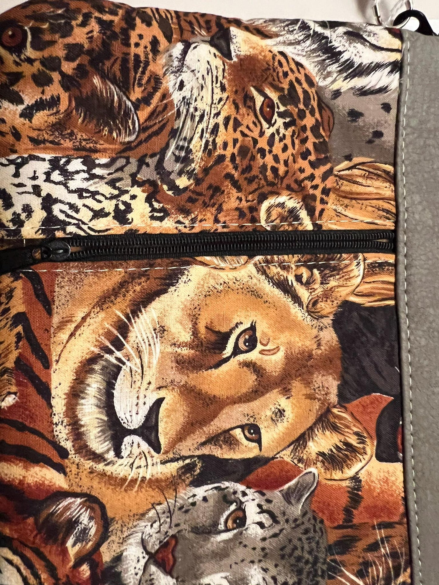 Big Cat Wristlet Pouch – 9x7” Zipper Bag with Faux Leather Back | Handmade Jungle Print