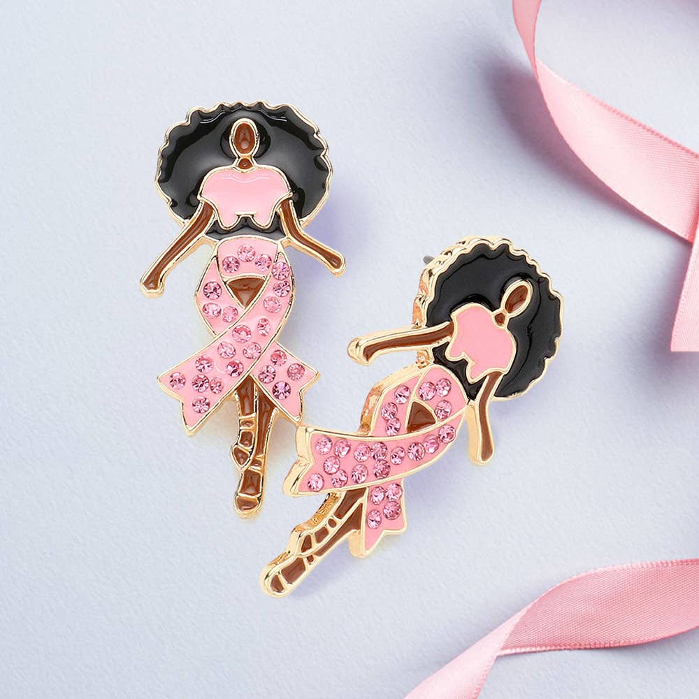 Sensibling Corp. – Pink Ribbon Afro Woman Stone-Paved Enamel Earrings (RH-PK)