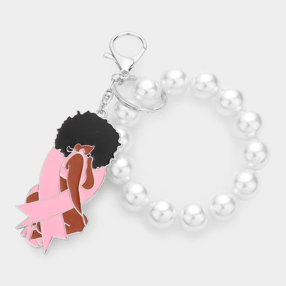 Pink Ribbon Afro Girl Keychain Bracelet – Stretch Faux Pearl Awareness Charm | Sensibling Corp.