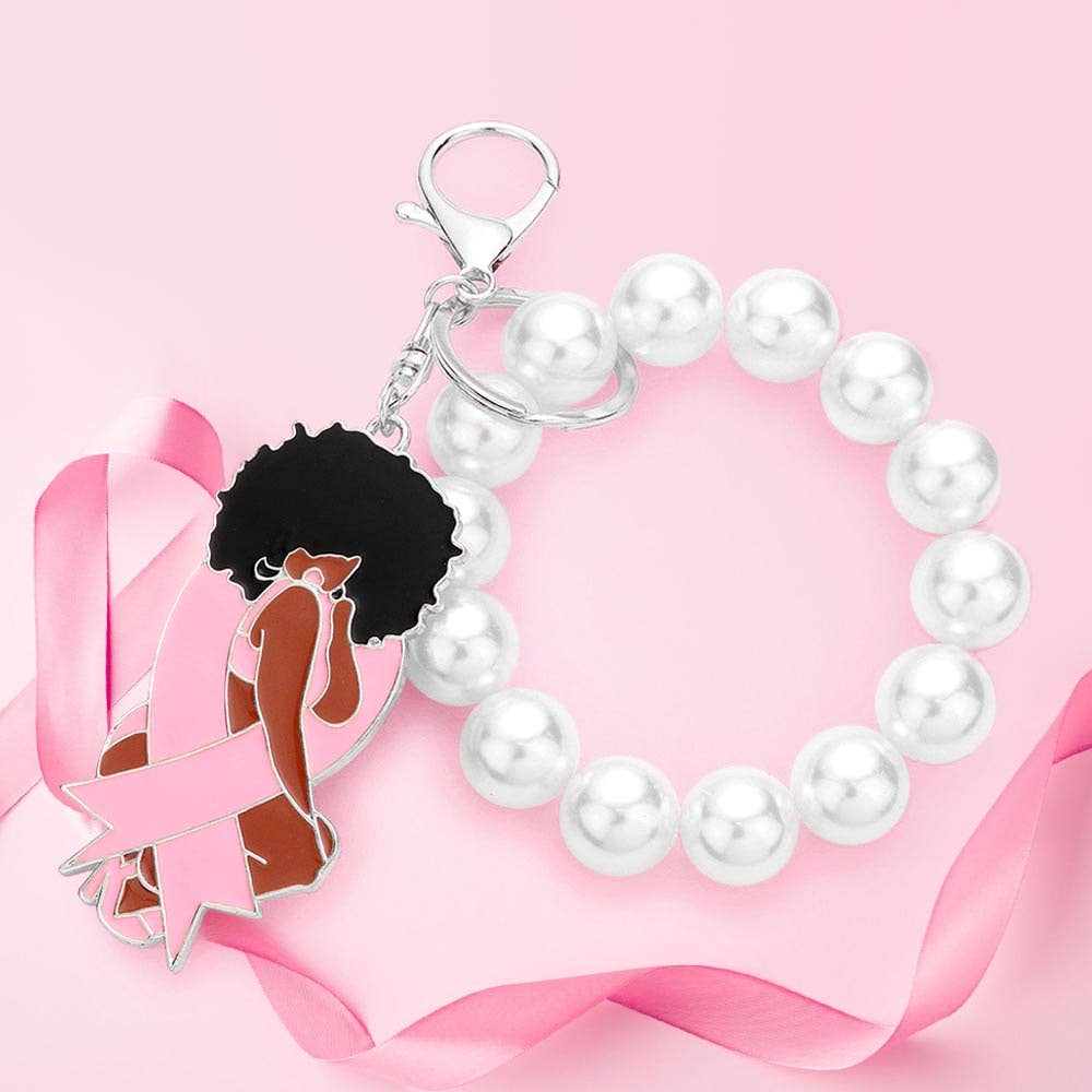 Pink Ribbon Afro Girl Keychain Bracelet – Stretch Faux Pearl Awareness Charm | Sensibling Corp.