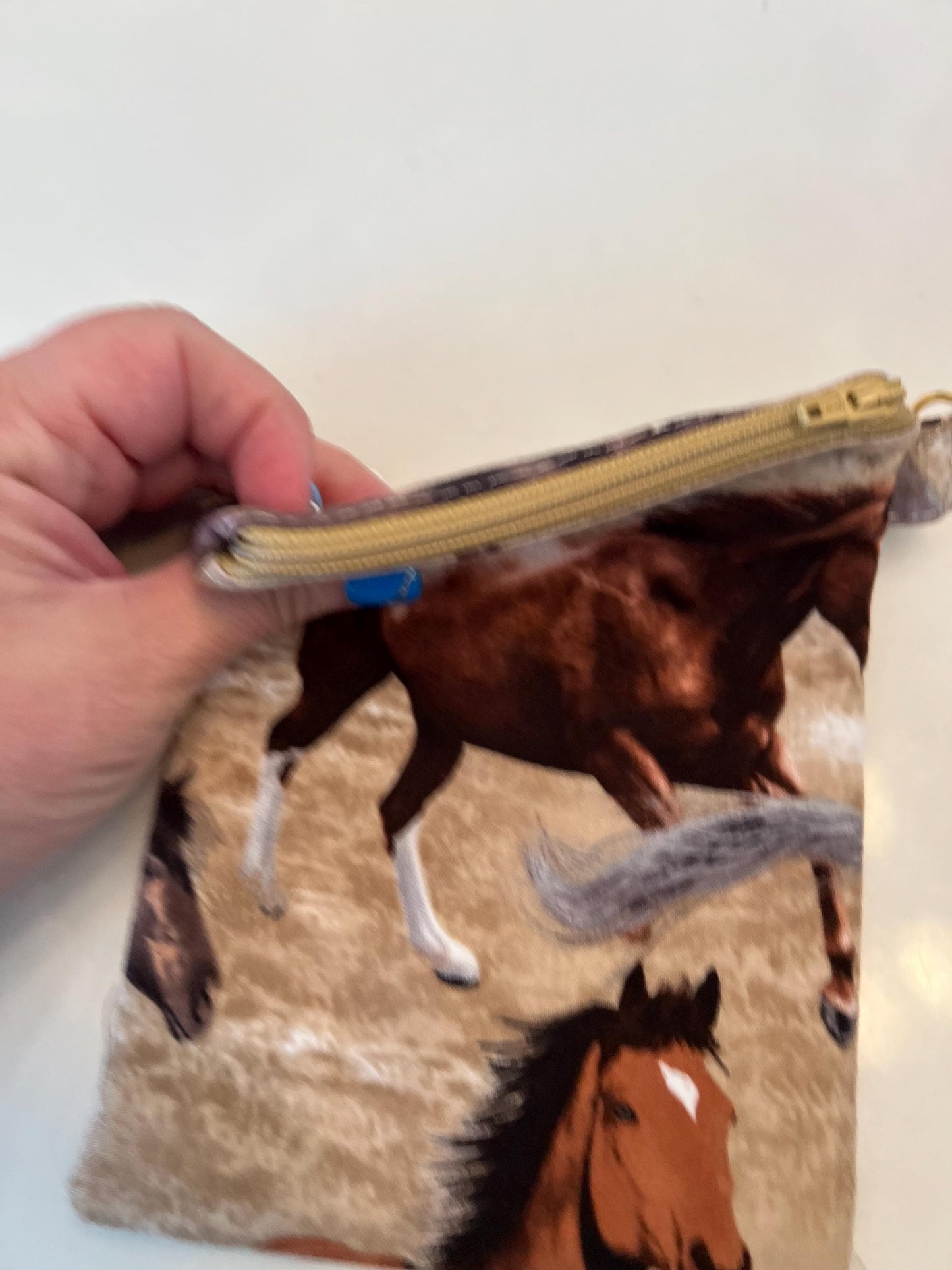 Horse Print Zipper Pouch – 6x8” Clip-On Bag with Snap Pocket | Handmade Gift