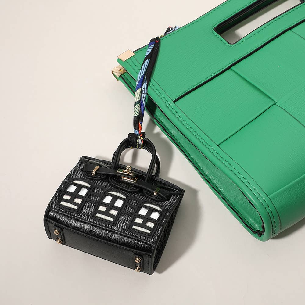 House Print Mini Purse Bag Charm β Faux Leather Keychain with Scarf Accent | Red & Green Only β Sensibling Corp.