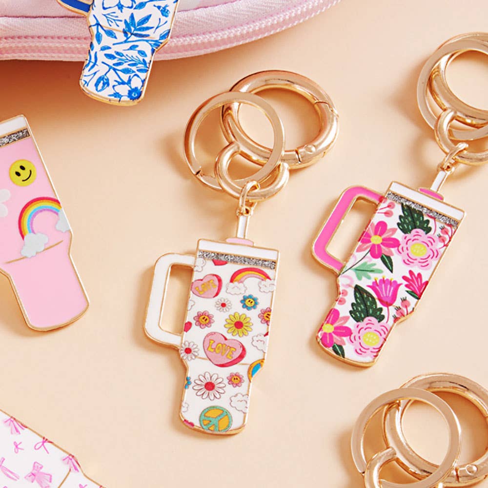 Enamel Floral Tumbler Keychain – Cute Charm with Everyday Style