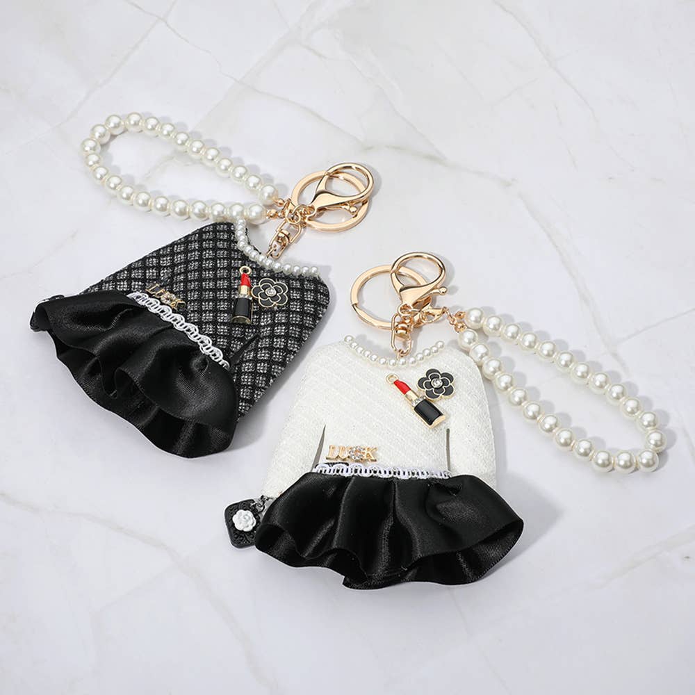 Pearl Luck Tweed Jacket Keychain – Black Mini Purse Bag Charm with Gold Chain | Sensibling Corp.