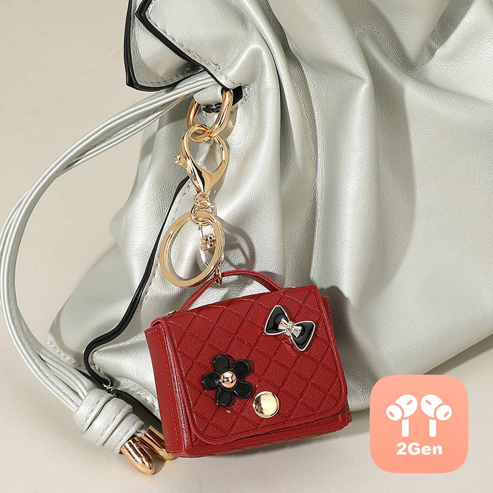 Flower Bow Charm – Faux Leather Mini Purse Keychain Bag Charm (Black, Red, White)