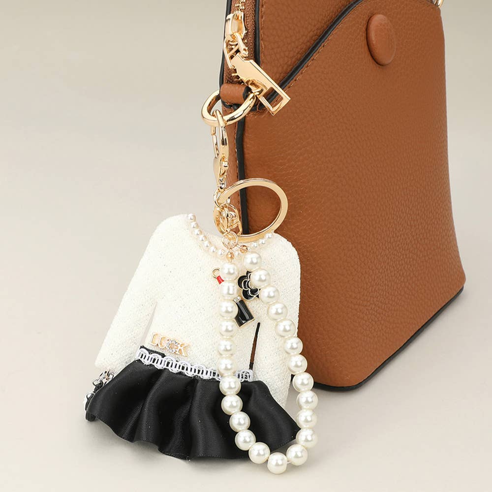Pearl Luck Tweed Jacket Keychain – Black Mini Purse Bag Charm with Gold Chain | Sensibling Corp.
