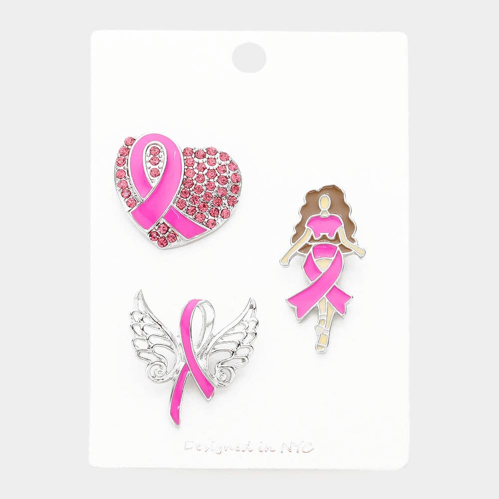 3PCS Pink Ribbon Afro Girl Brooch Set – Heart & Angel Wings Pins for Awareness | Sensibling Corp.