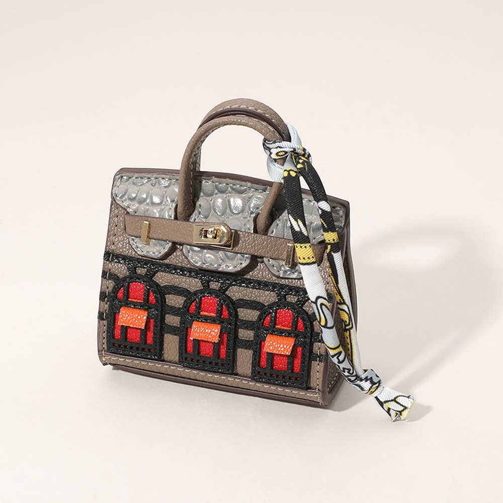 House Print Mini Purse Bag Charm β Faux Leather Keychain with Scarf Accent | Red & Green Only β Sensibling Corp.