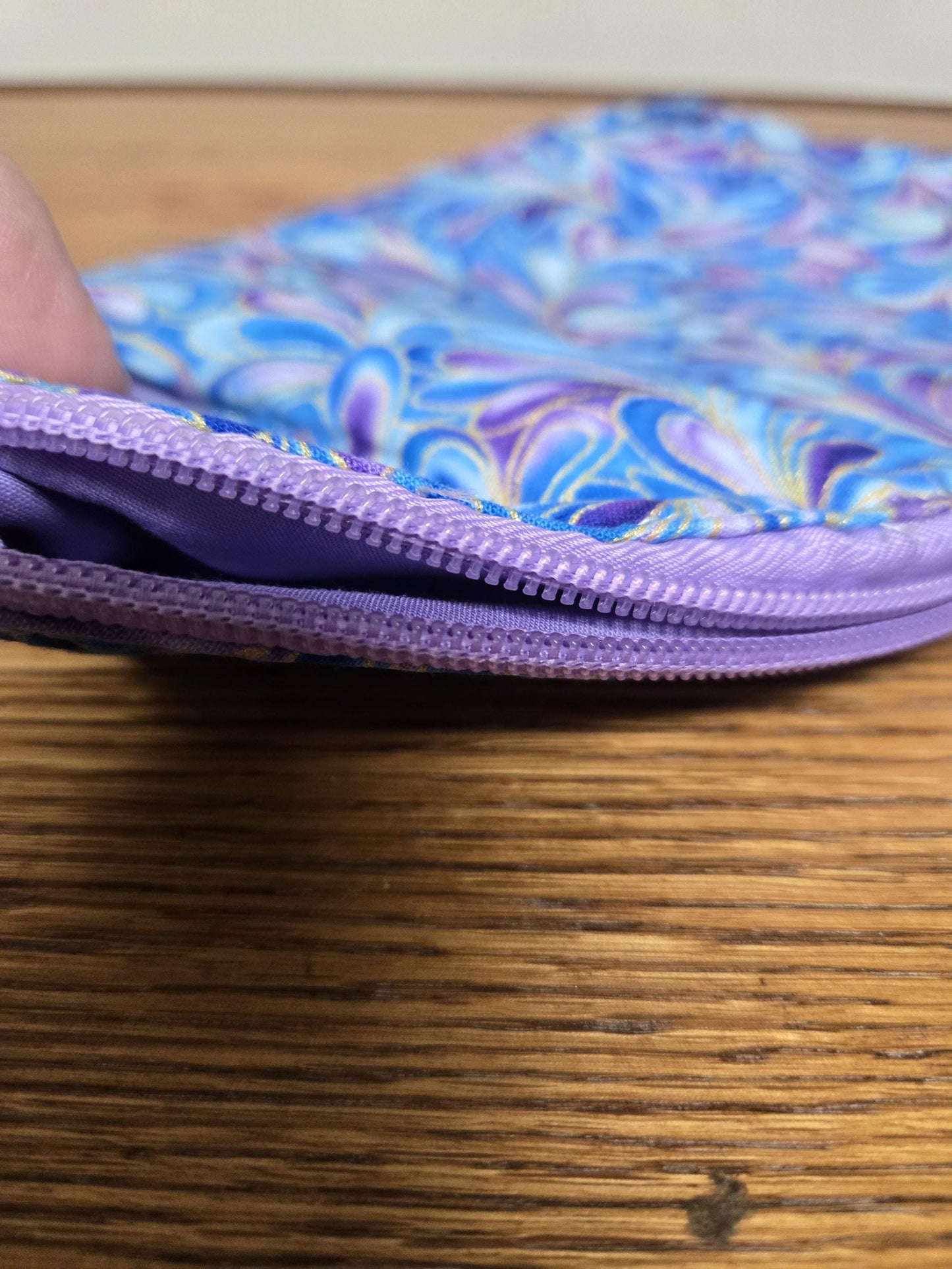 Purple Swirl Cotton Zipper Pouch – 9x5” Makeup Bag with Gold Detail & Lavender Lining | Handmade