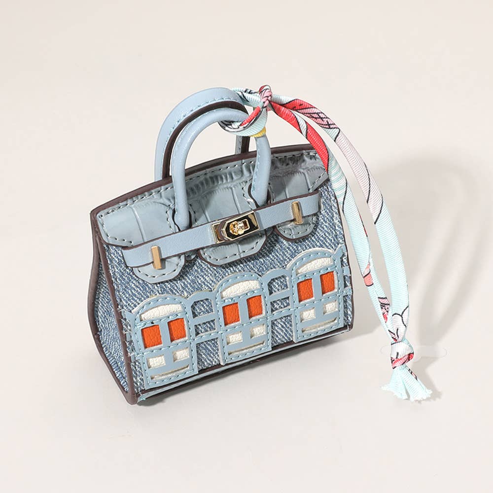 House Print Mini Purse Bag Charm β Faux Leather Keychain with Scarf Accent | Red & Green Only β Sensibling Corp.