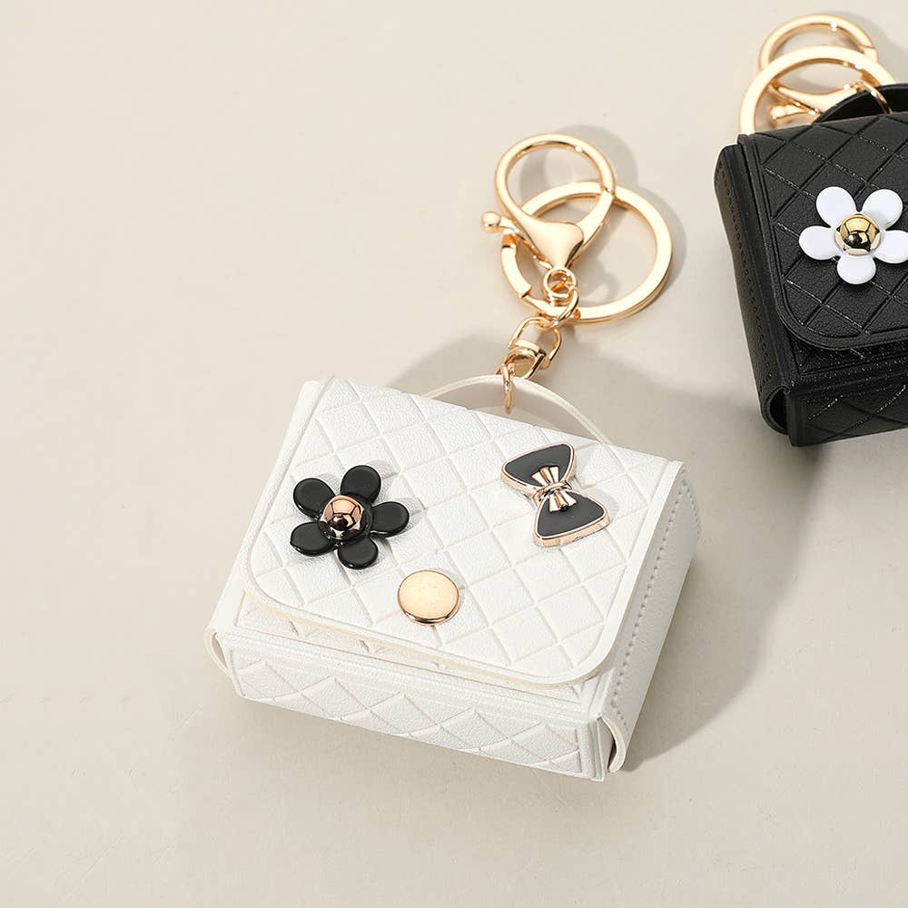 Flower Bow Charm – Faux Leather Mini Purse Keychain Bag Charm (Black, Red, White)