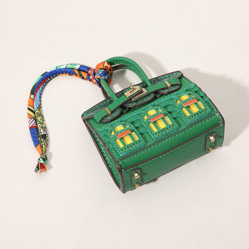 House Print Mini Purse Bag Charm β Faux Leather Keychain with Scarf Accent | Red & Green Only β Sensibling Corp.