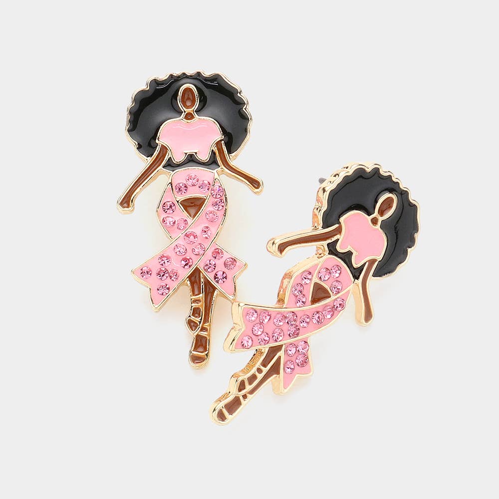 Sensibling Corp. – Pink Ribbon Afro Woman Stone-Paved Enamel Earrings (RH-PK)
