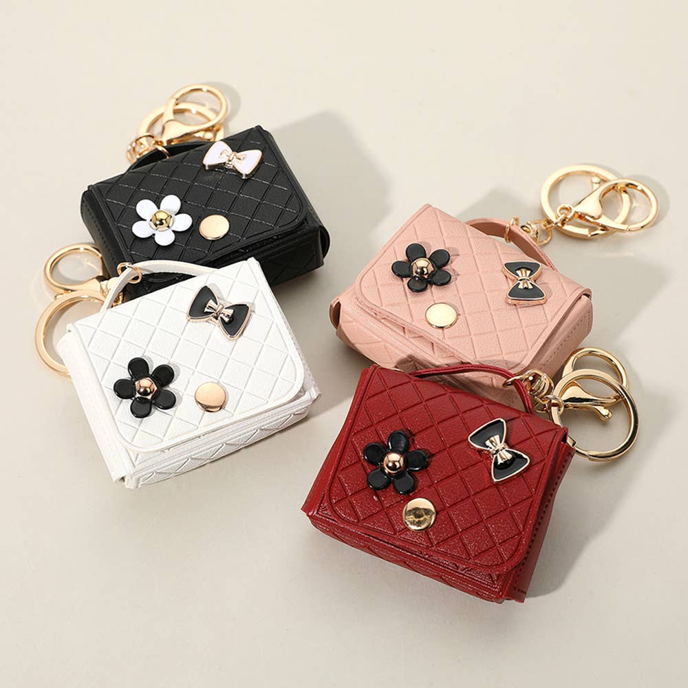 Flower Bow Charm – Faux Leather Mini Purse Keychain Bag Charm (Black, Red, White)