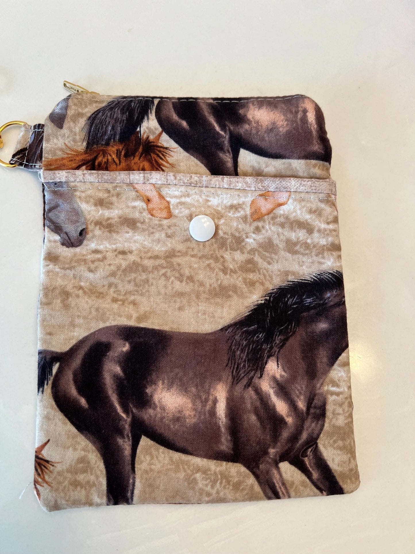 Horse Print Zipper Pouch – 6x8” Clip-On Bag with Snap Pocket | Handmade Gift