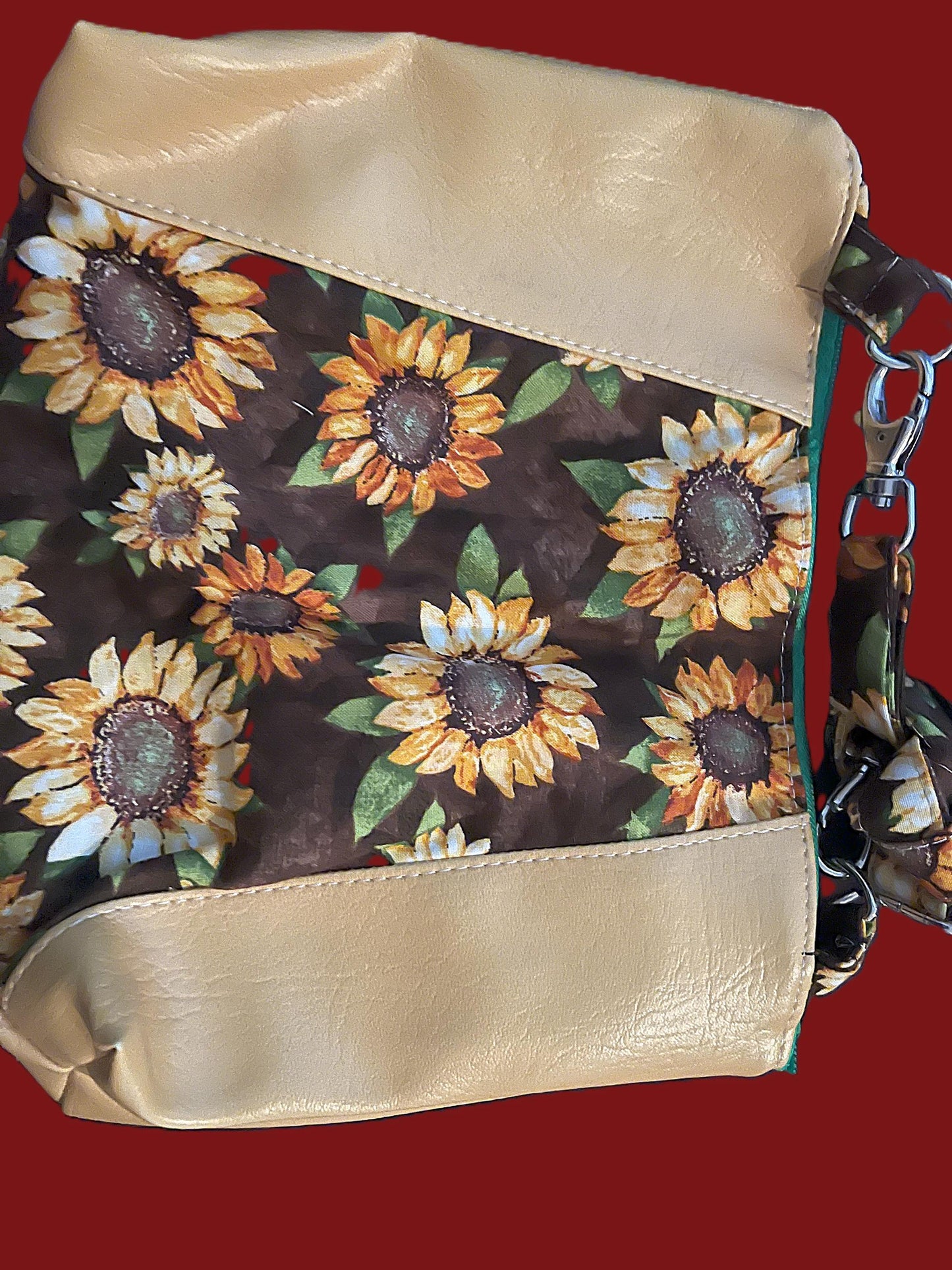 Sunflower Crossbody Bag – 9x10” Brown with Green Zippers & Polka Dot Lining | Handmade