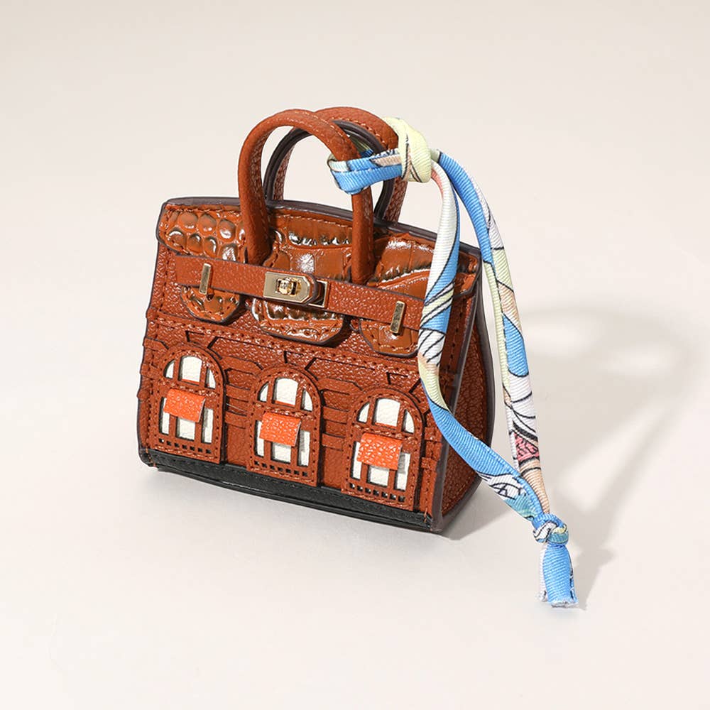 House Print Mini Purse Bag Charm β Faux Leather Keychain with Scarf Accent | Red & Green Only β Sensibling Corp.