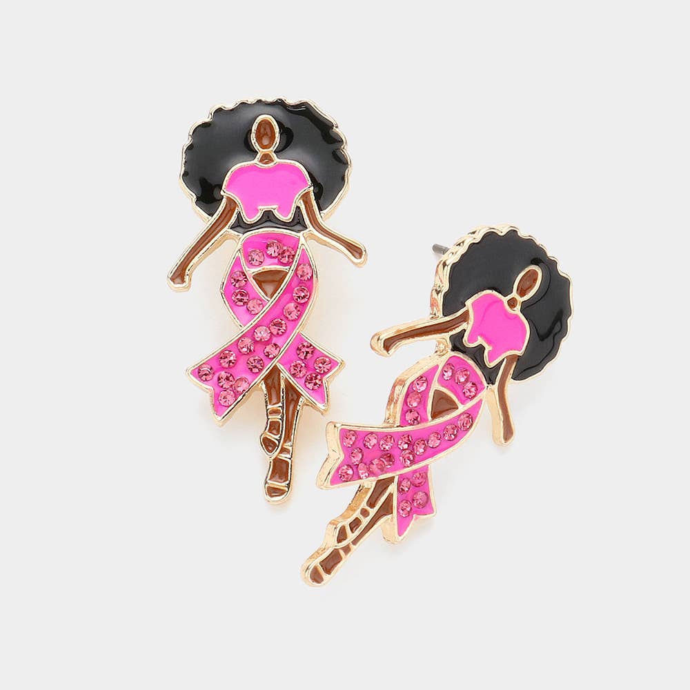 Sensibling Corp. – Pink Ribbon Afro Woman Stone-Paved Enamel Earrings (RH-PK)