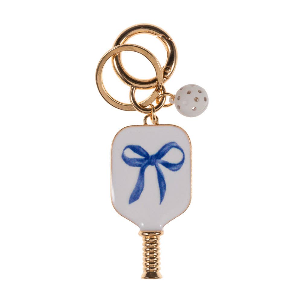 Enamel Pickleball Paddle Keychain β Blue and Pink Bow Design | Sensibling Corp. Charm