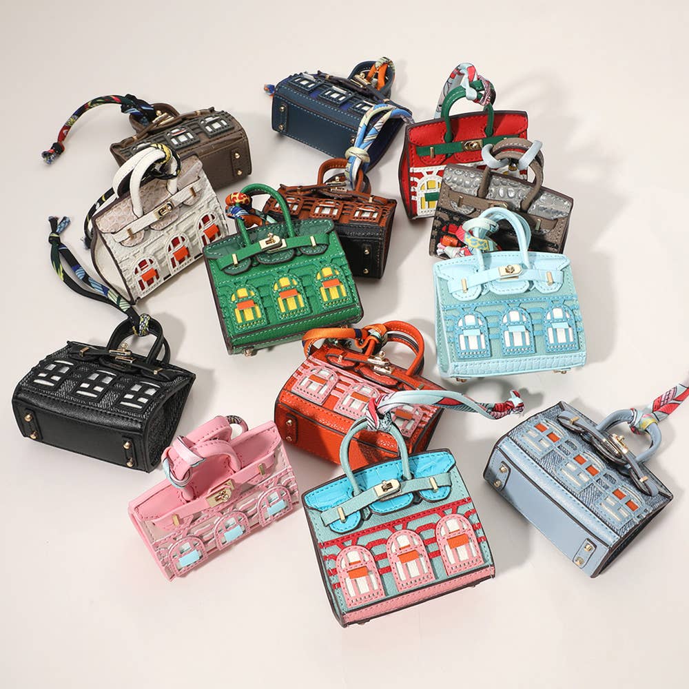 House Print Mini Purse Bag Charm β Faux Leather Keychain with Scarf Accent | Red & Green Only β Sensibling Corp.