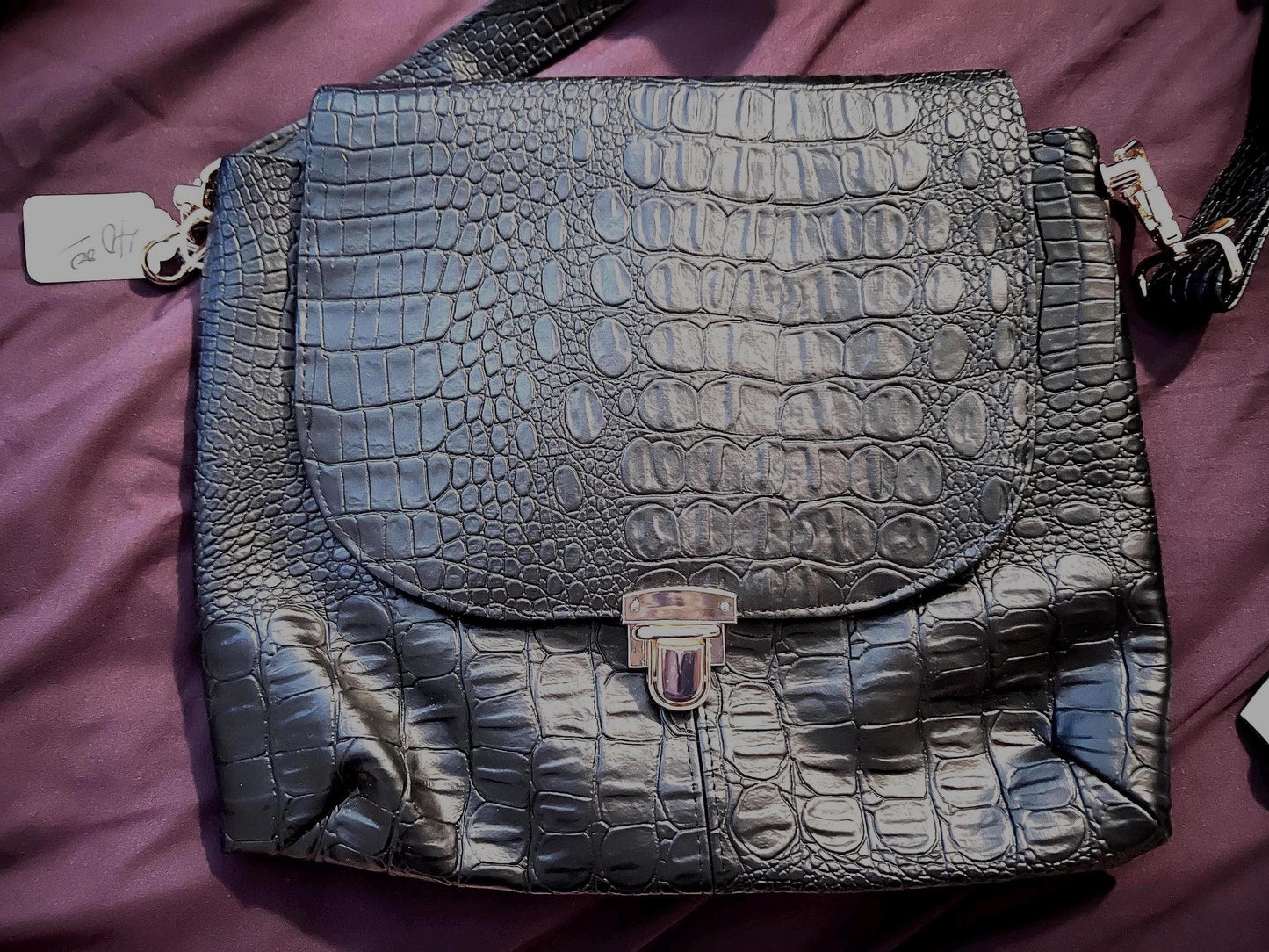 Black Croc Textured Faux Leather Crossbody Bag – Red Lining, Gold Turn Lock, 10x12" | Handmade