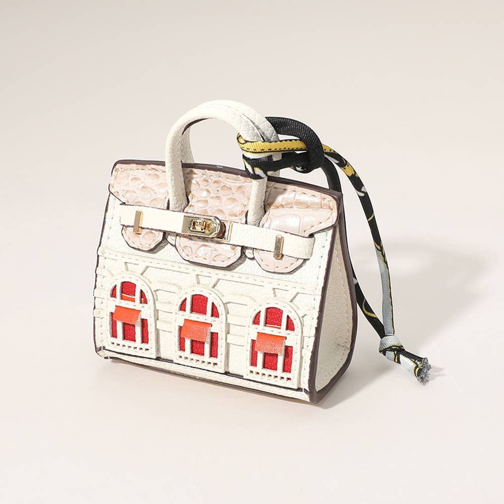 House Print Mini Purse Bag Charm β Faux Leather Keychain with Scarf Accent | Red & Green Only β Sensibling Corp.