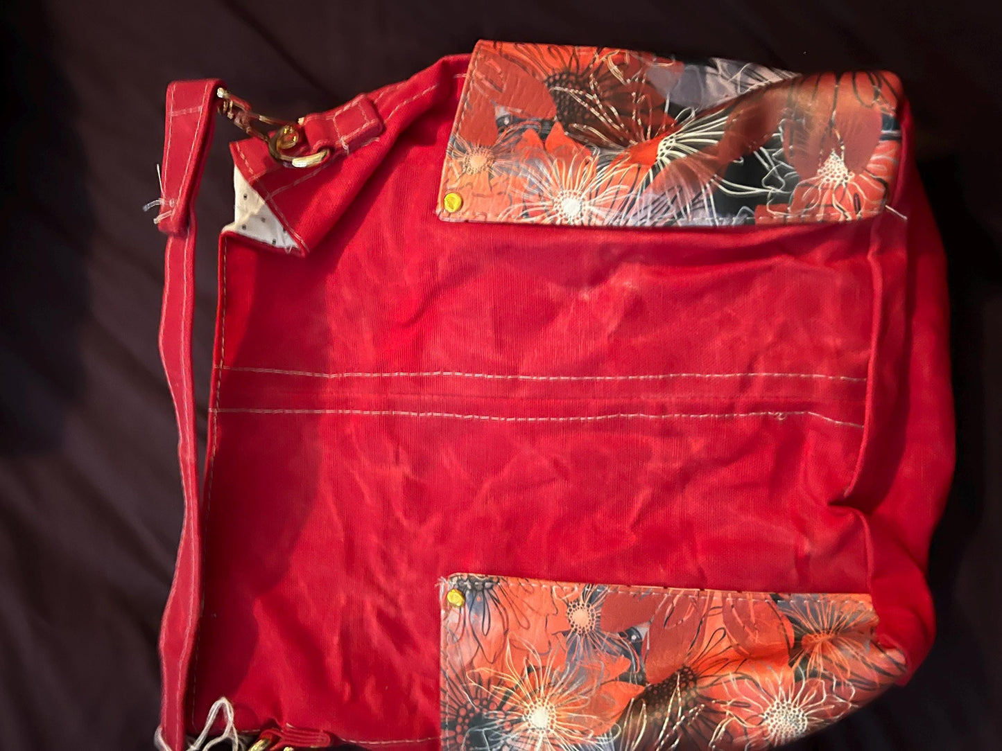 Red Shoulder Bag – 10x11” Faux Leather Purse with Zipper & Floral Detail | Handmade