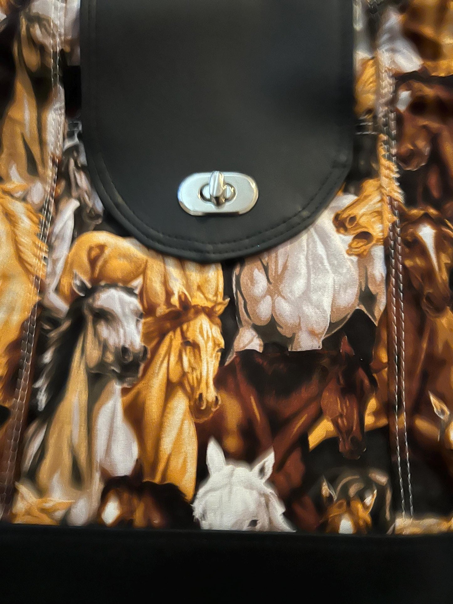 Horse Print Tote Bag – 12x16” Black Faux-Leather Shoulder Purse | Turn-Lock Closure