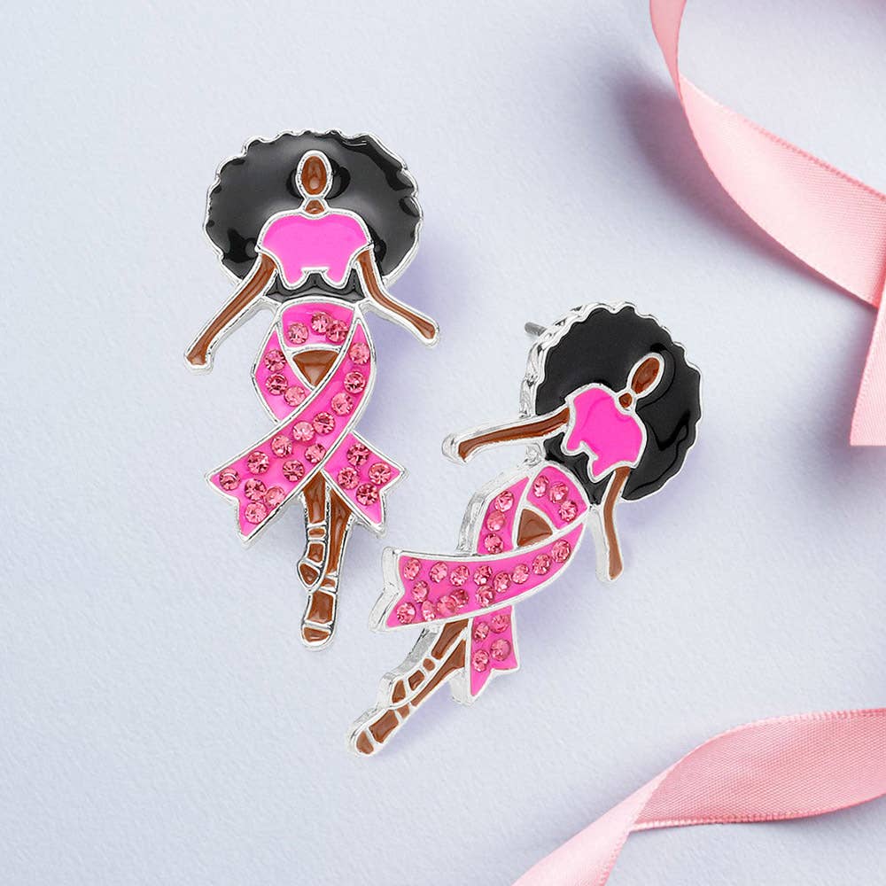 Sensibling Corp. – Pink Ribbon Afro Woman Stone-Paved Enamel Earrings (RH-PK)