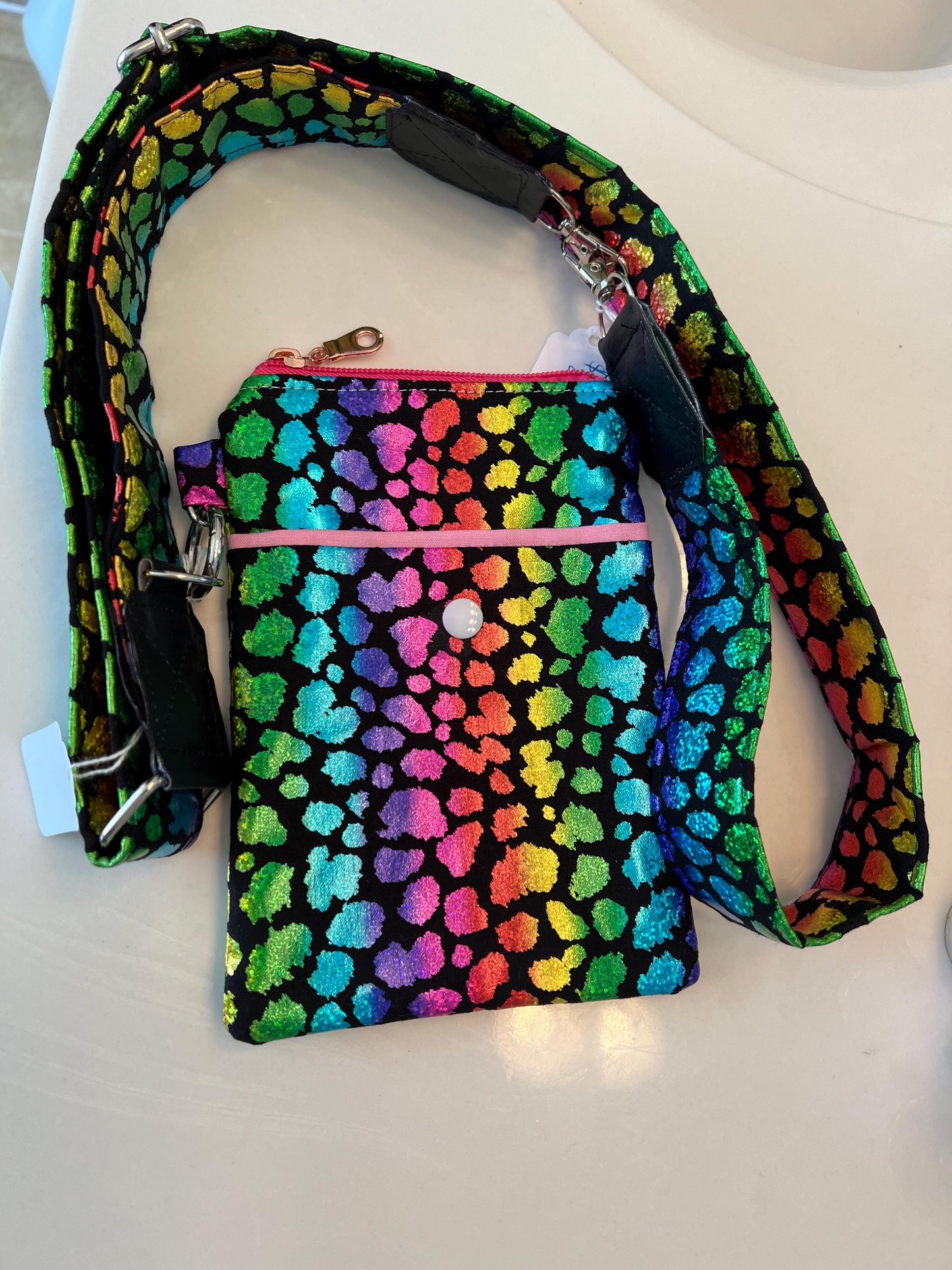 Rainbow Leopard Crossbody – 5x7” Glitter Mini Bag with Pocket & Strap | Handmade