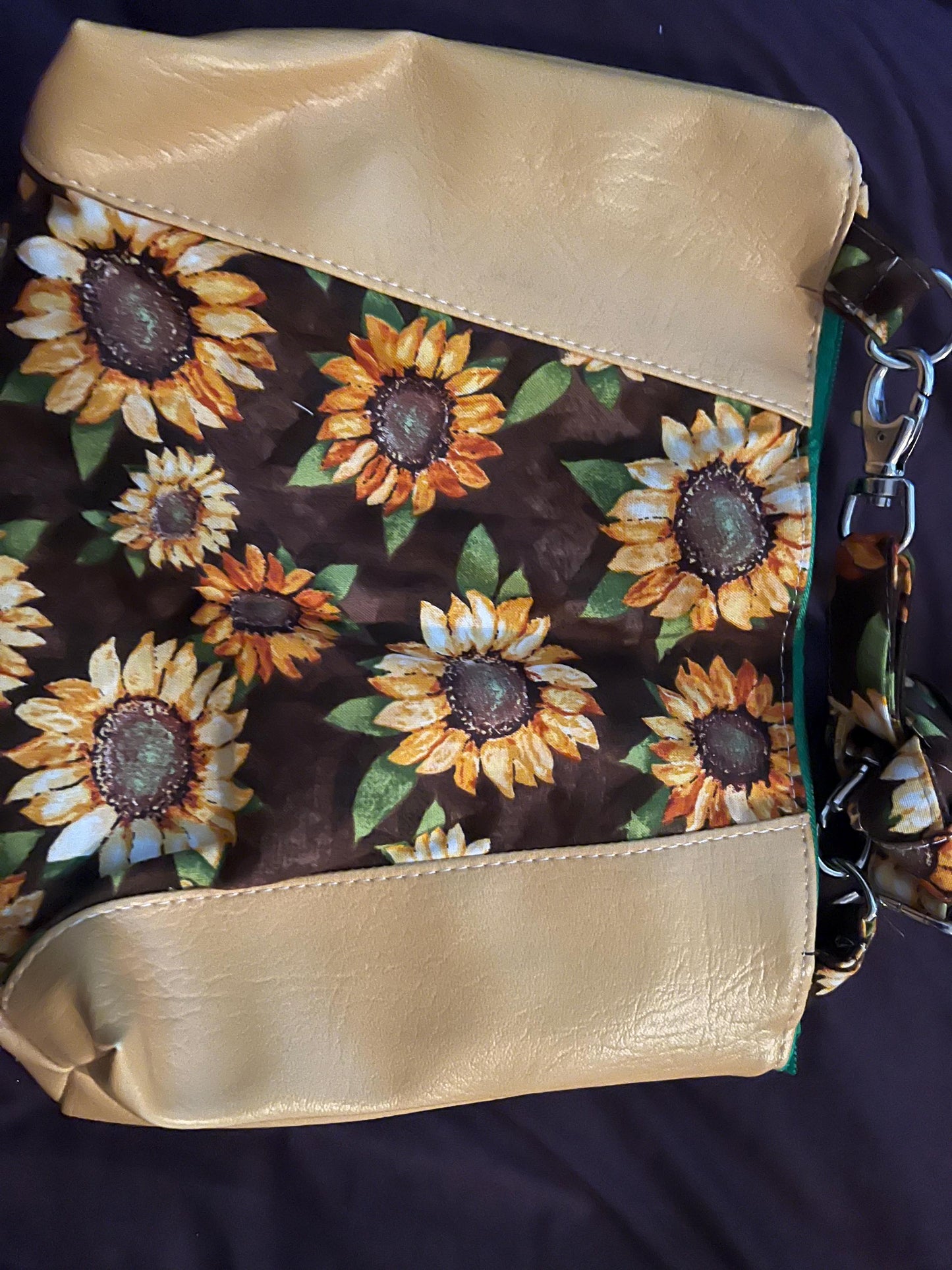 Sunflower Crossbody Bag – 9x10” Brown with Green Zippers & Polka Dot Lining | Handmade