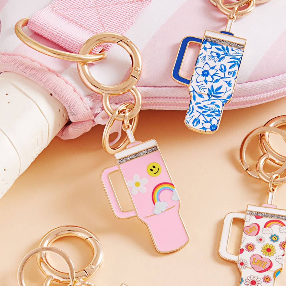 Enamel Floral Tumbler Keychain – Cute Charm with Everyday Style