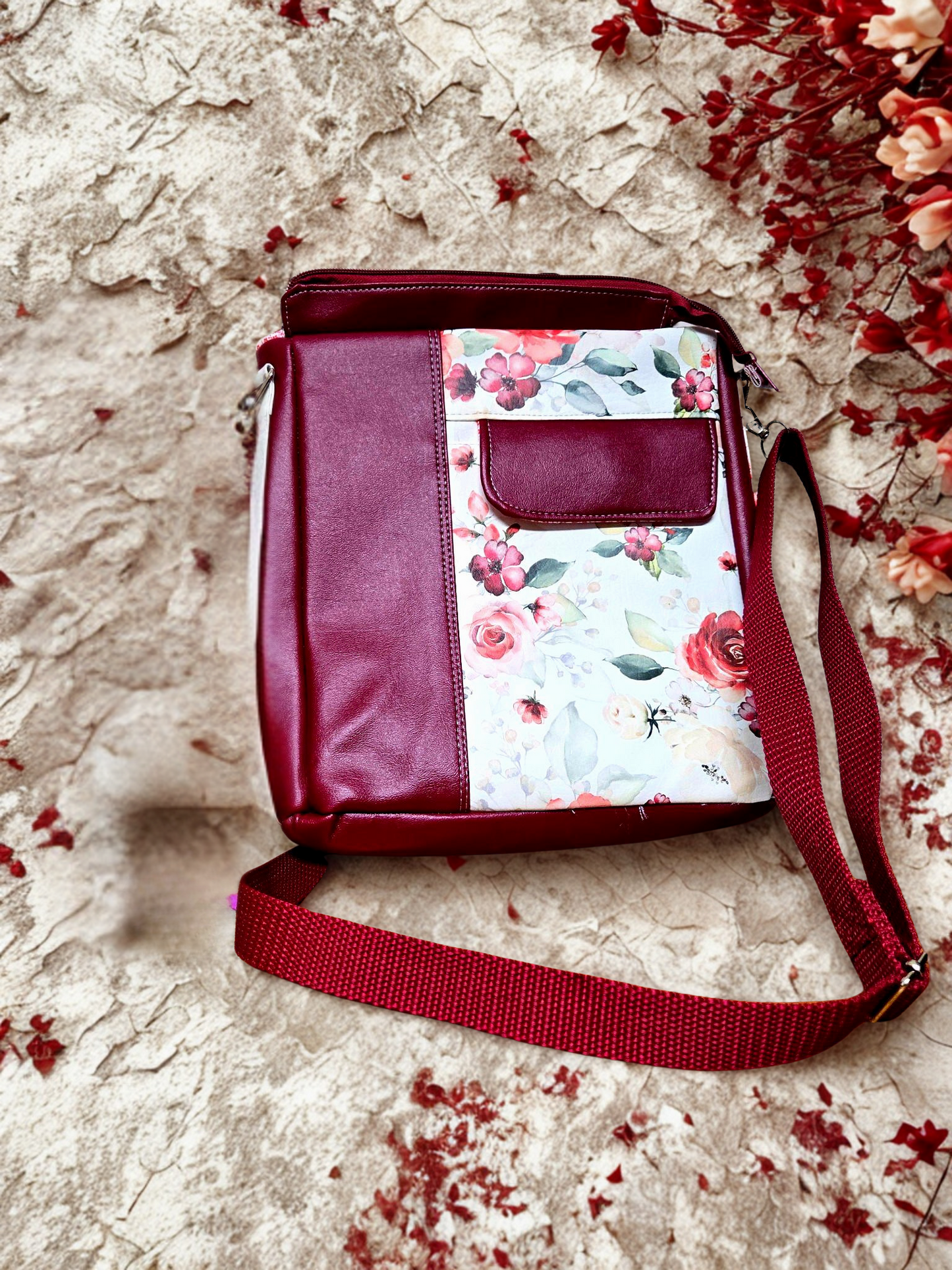 Red Floral Crossbody Bag – 11"x13" Faux Leather, Handmade, Adjustable Strap