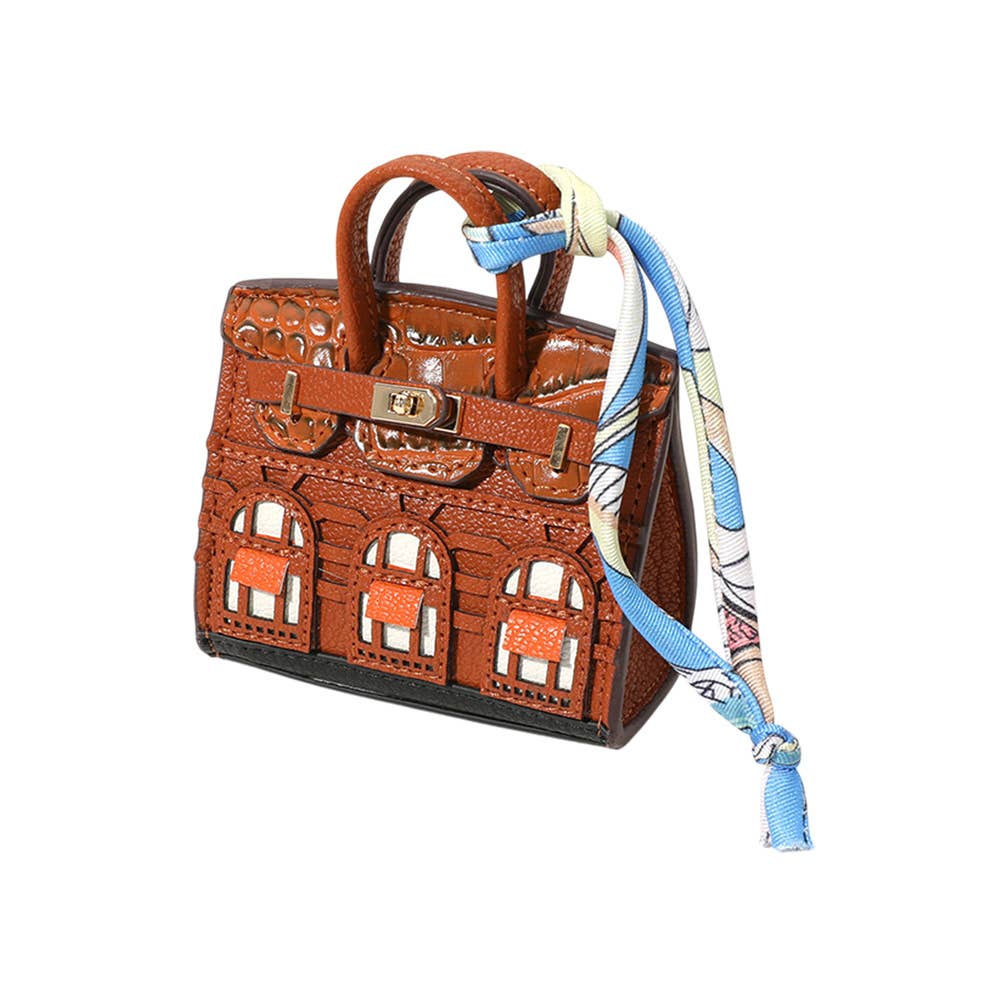 House Print Mini Purse Bag Charm β Faux Leather Keychain with Scarf Accent | Red & Green Only β Sensibling Corp.