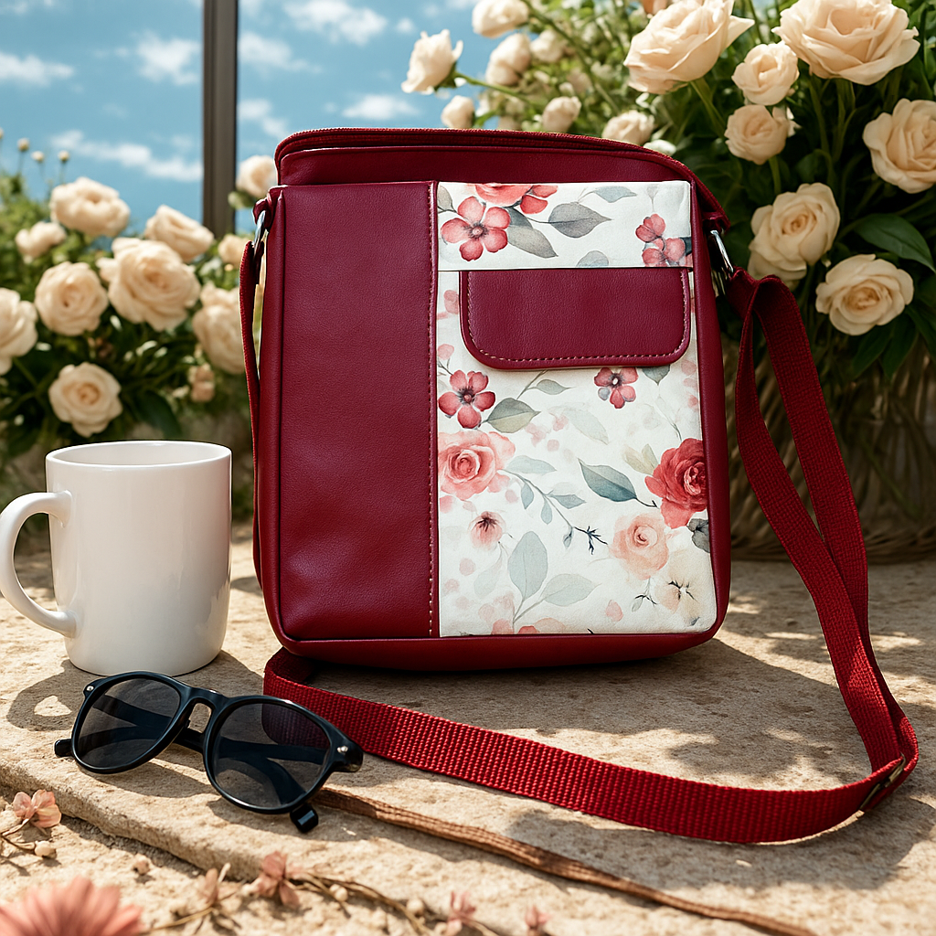 Red Floral Crossbody Bag – 11"x13" Faux Leather, Handmade, Adjustable Strap