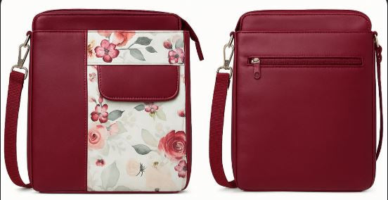 Red crossbody bag with floral pocket on a white background