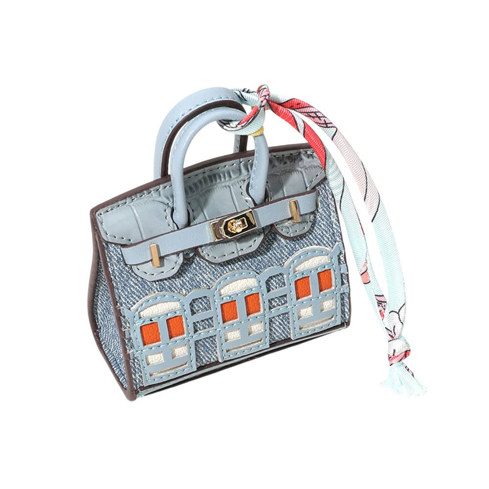 House Print Mini Purse Bag Charm β Faux Leather Keychain with Scarf Accent | Red & Green Only β Sensibling Corp.