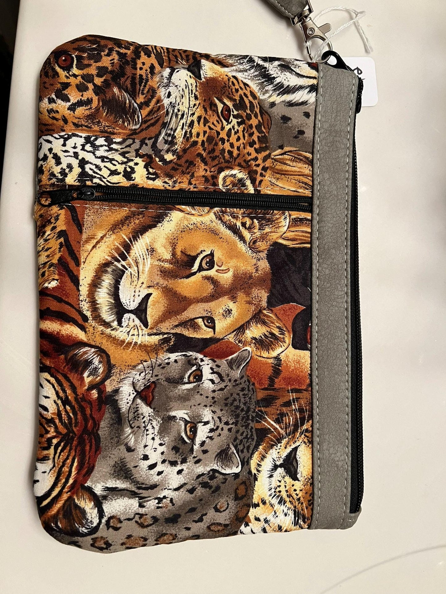 Big Cat Wristlet Pouch – 9x7” Zipper Bag with Faux Leather Back | Handmade Jungle Print