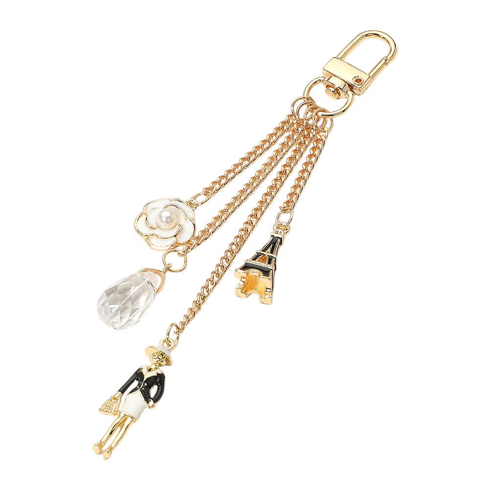 Enamel Eiffel Tower Lady Charm Keychain β Gold Bag Accessory with Flower Detail | Sensibling Corp.