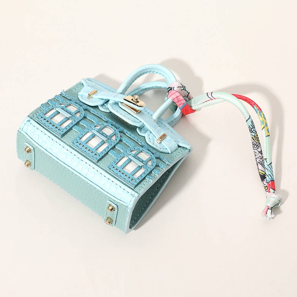 House Print Mini Purse Bag Charm β Faux Leather Keychain with Scarf Accent | Red & Green Only β Sensibling Corp.