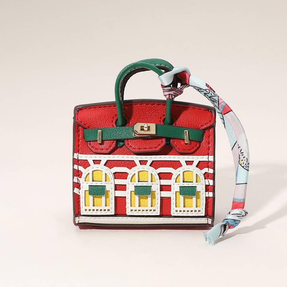 House Print Mini Purse Bag Charm β Faux Leather Keychain with Scarf Accent | Red & Green Only β Sensibling Corp.