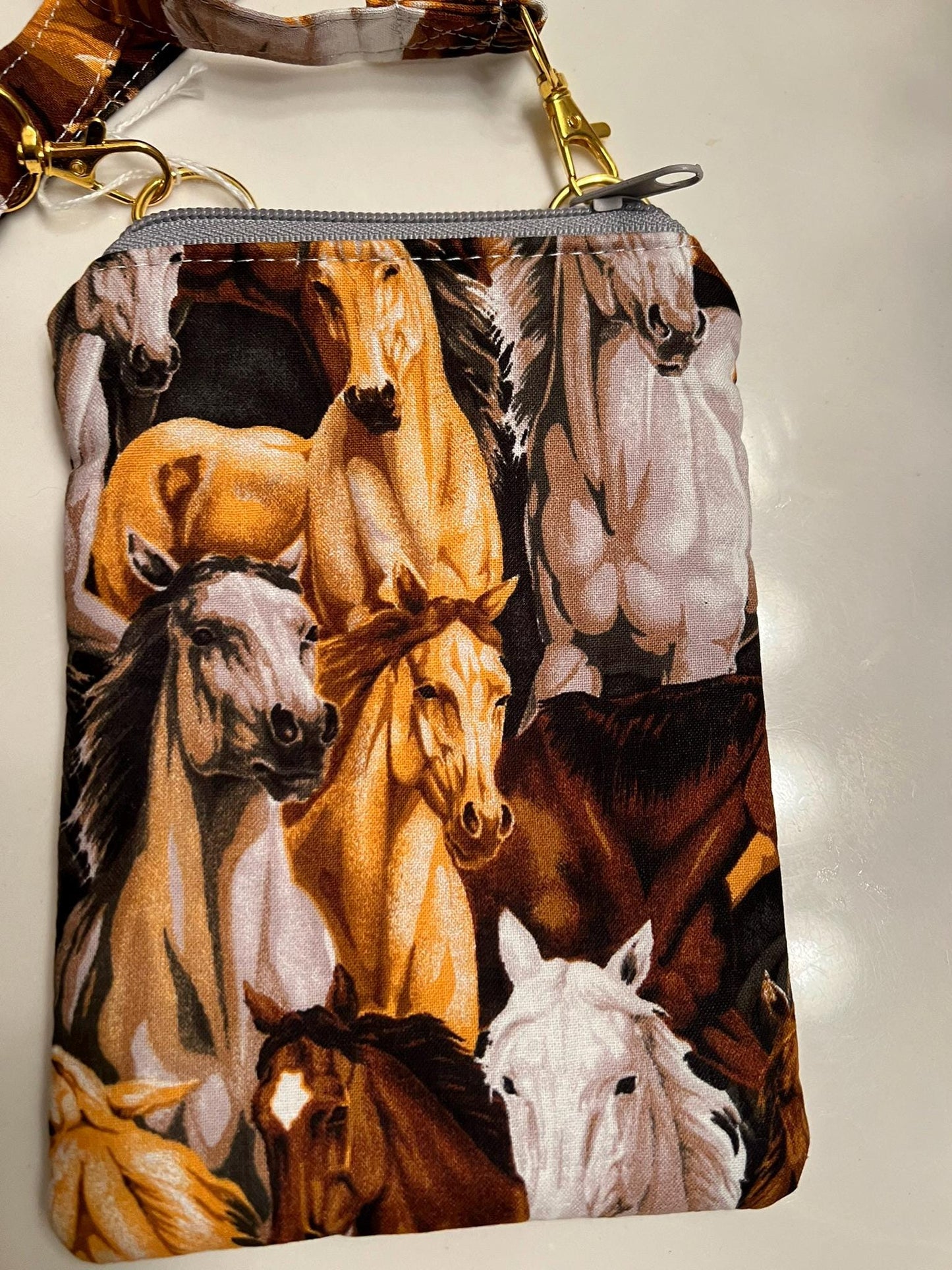 Horse Print Crossbody – 7x5” Phone Pouch with Zipper & Snap Pocket | Handmade