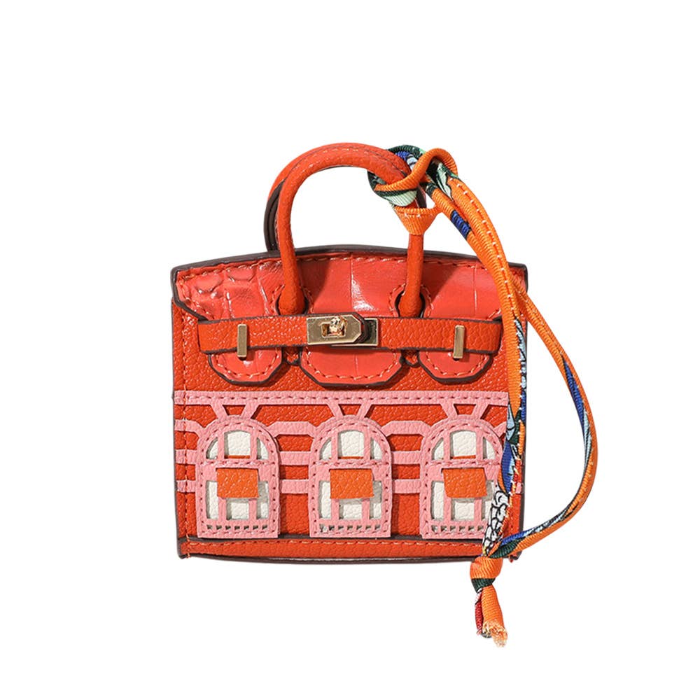 House Print Mini Purse Bag Charm β Faux Leather Keychain with Scarf Accent | Red & Green Only β Sensibling Corp.