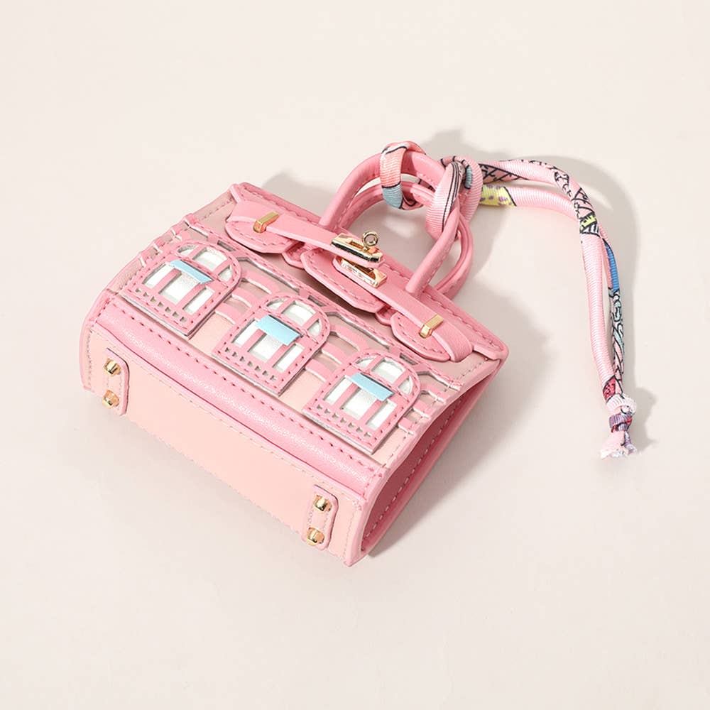 House Print Mini Purse Bag Charm β Faux Leather Keychain with Scarf Accent | Red & Green Only β Sensibling Corp.