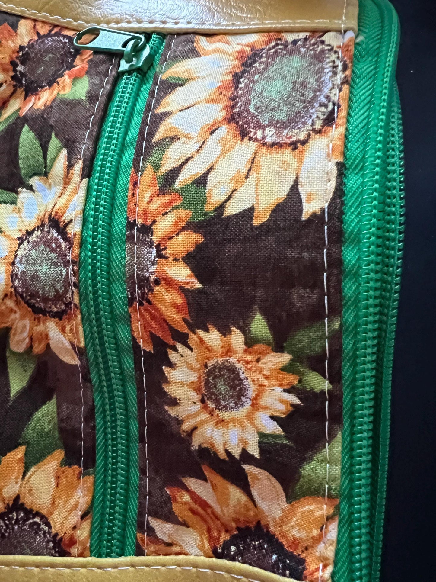 Sunflower Crossbody Bag – 9x10” Brown with Green Zippers & Polka Dot Lining | Handmade