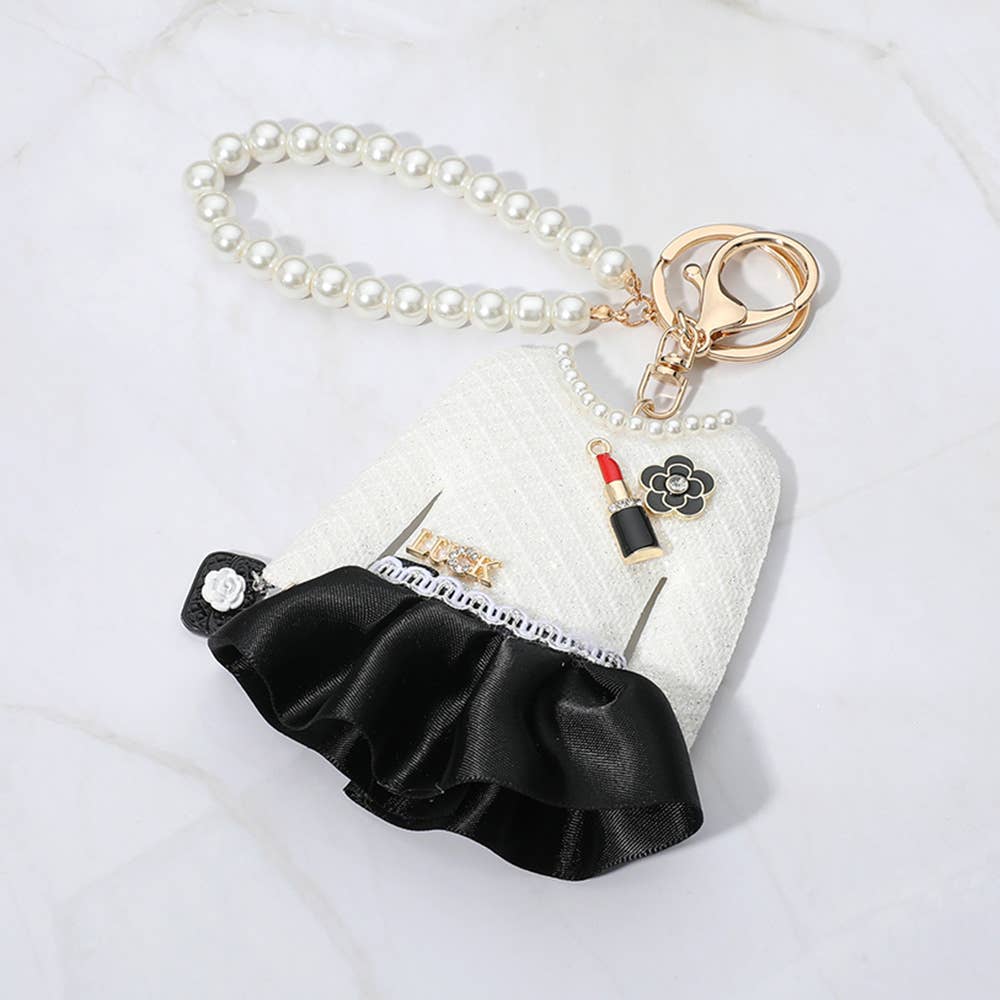 Pearl Luck Tweed Jacket Keychain – Black Mini Purse Bag Charm with Gold Chain | Sensibling Corp.