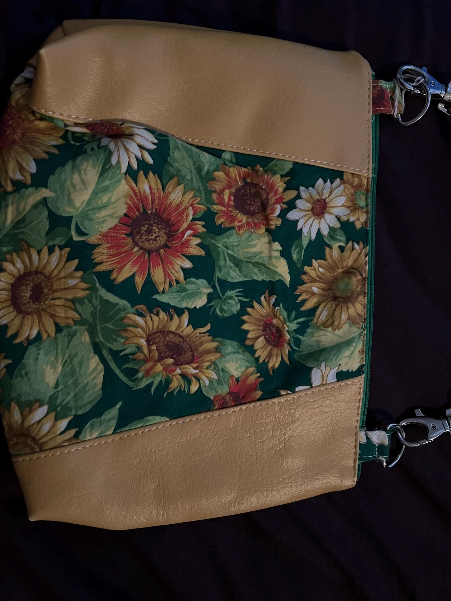 Sunflower Crossbody Bag – 9x10” Green & Faux Leather Purse | Adjustable Strap, Handmade