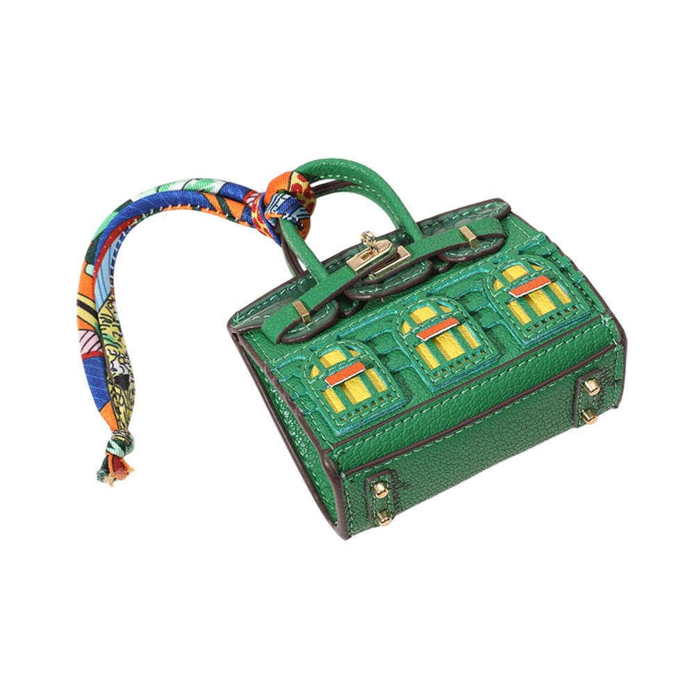 House Print Mini Purse Bag Charm β Faux Leather Keychain with Scarf Accent | Red & Green Only β Sensibling Corp.