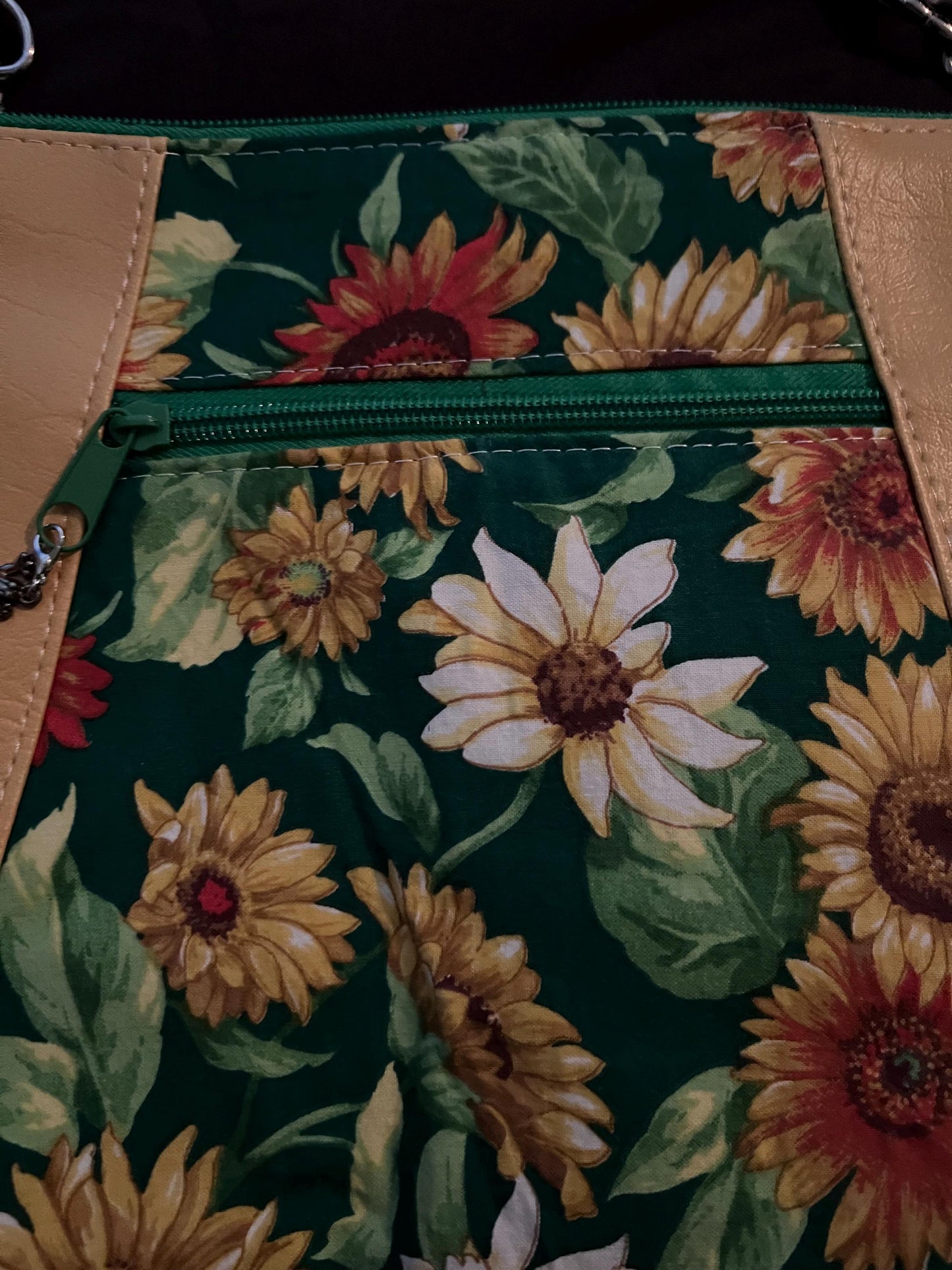 Sunflower Crossbody Bag – 9x10” Green & Faux Leather Purse | Adjustable Strap, Handmade