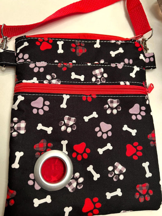 DogHandmade Dog Walker Crossbody Bag – 4 Pockets, Treat Holder, Poop Bag Dispenser | Red Plaid Cotton